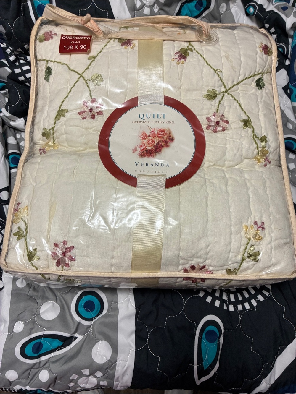 Bed Bath & Beyond Cream Quilted King Quilt with Pink & Green Floral Embroidery